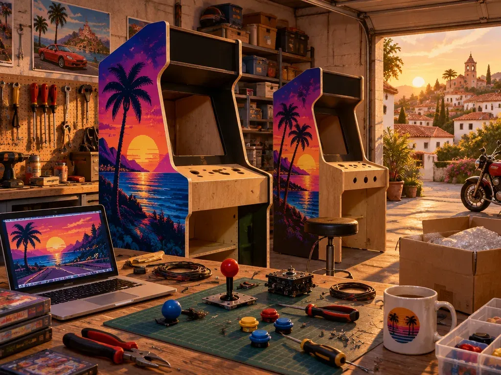A home garage workshop with two half-built arcade cabinets with neon palm side art
